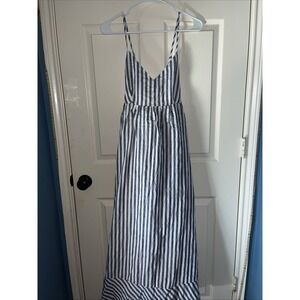 Antebes Blanc Linen Maxi Dress Woman's Size 6 Blue White Striped Summer Resort